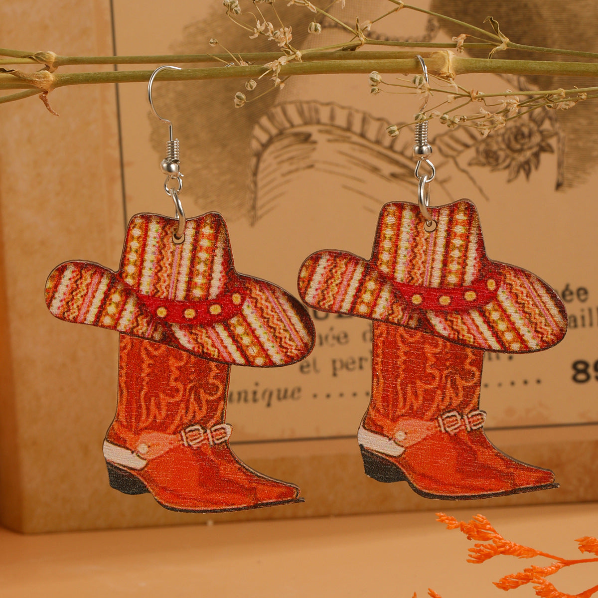 Wholesale Western Cowboy Boots Hat Teardrop Shape Wooden Earrings